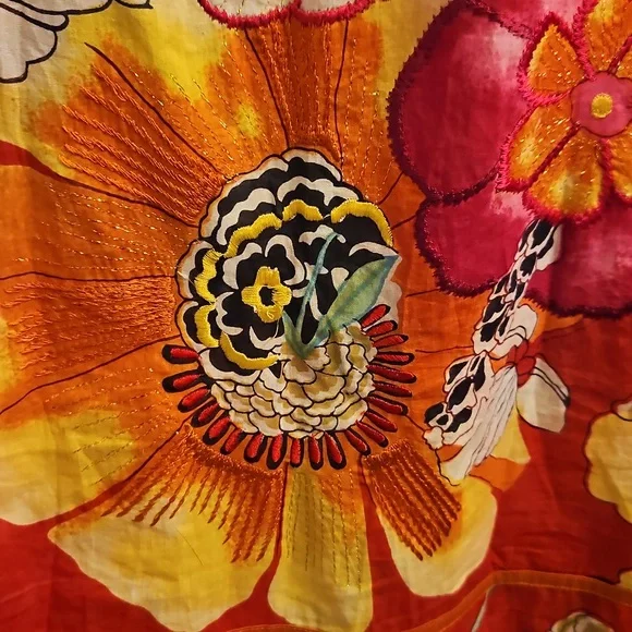 Ritu Kumar Red Floral Embroidered Cotton Dress, 4, XS, Boho, Beaded, Vacation - Picture 4 of 12